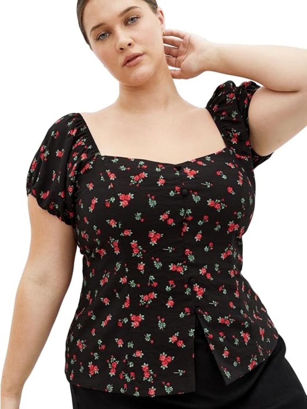 City Chic Women’s Plus Size Top Daydreamer Ditsy Print Size 18 Red Roses on Blk